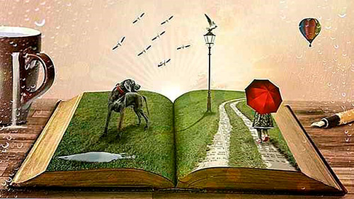 Arte de um livro aberto sobre uma mesa, as páginas deste estão preenchidas por uma textura de grama e há um cachorro e uma menina passeando.
