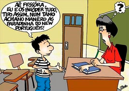 Charge de um aluno e uma professora em sala de aula. O aluno diz a professora: 