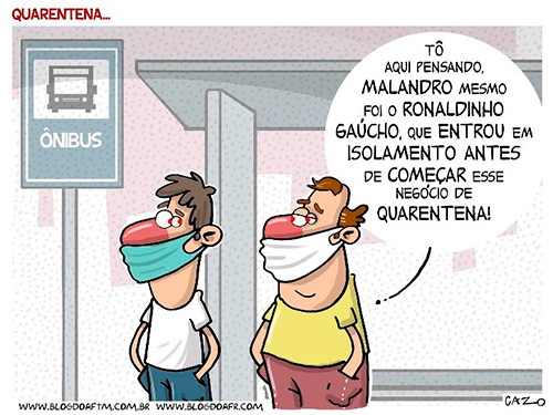 Charge de dois homens, usando máscaras de proteção, parados em um ponto de ônibus. O da direita diz ao outro: 