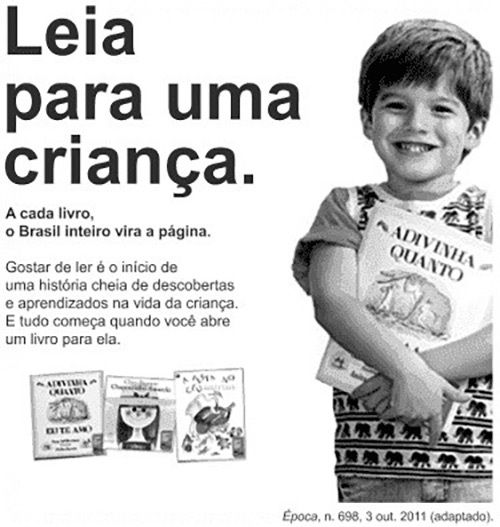 Anúncio contendo, à direita, a foto de um menino abraçado a um livro. À esquerda, há o texto: 