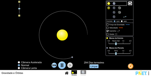 Print da tela do Objeto Virtual de Aprendizagem (OVA) Gravidade e órbitas, desenvolvido pela PhET Interactive Simulations