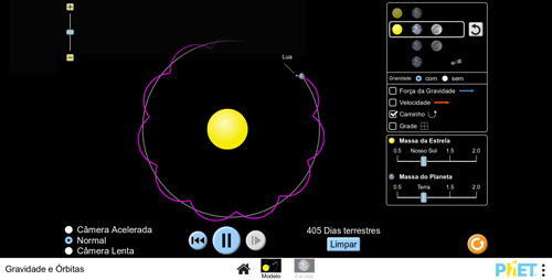Print da tela do Objeto Virtual de Aprendizagem (OVA) Gravidade e órbitas, desenvolvido pela PhET Interactive Simulations