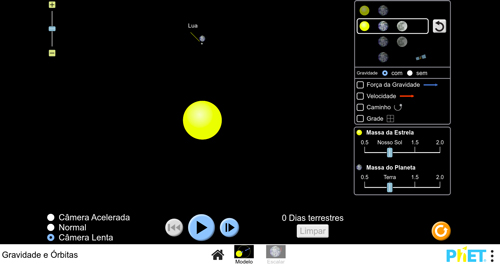 Print da tela do Objeto Virtual de Aprendizagem (OVA) Gravidade e órbitas, desenvolvido pela PhET Interactive Simulations