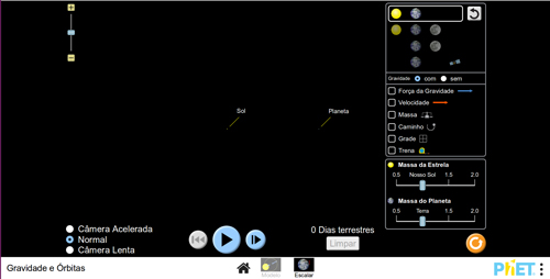 Print da tela do Objeto Virtual de Aprendizagem (OVA) Gravidade e órbitas, desenvolvido pela PhET Interactive Simulations