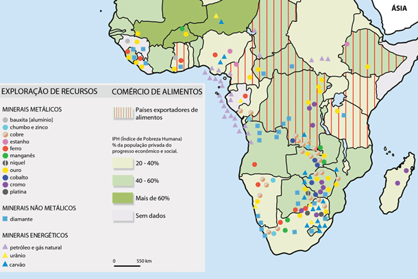 Imagem do mapa do continente africano que apontam locais de exploração de recursos