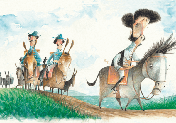 Ilustração de Biry Sarkis dá protagonismo ao burro que carregou o imperador e ilustra o livro “Memórias Póstumas do Burro da Independência” (crédito: divulgação / Panda Books)