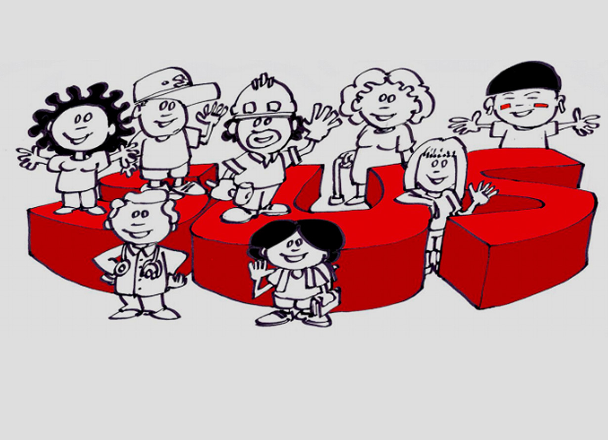 Arte, do fundo cinza, contendo em destaque, na cor vermelha, a palavra "SUS". Sobre ela há o desenho de algumas pessoas, de variadas formas, acenando.