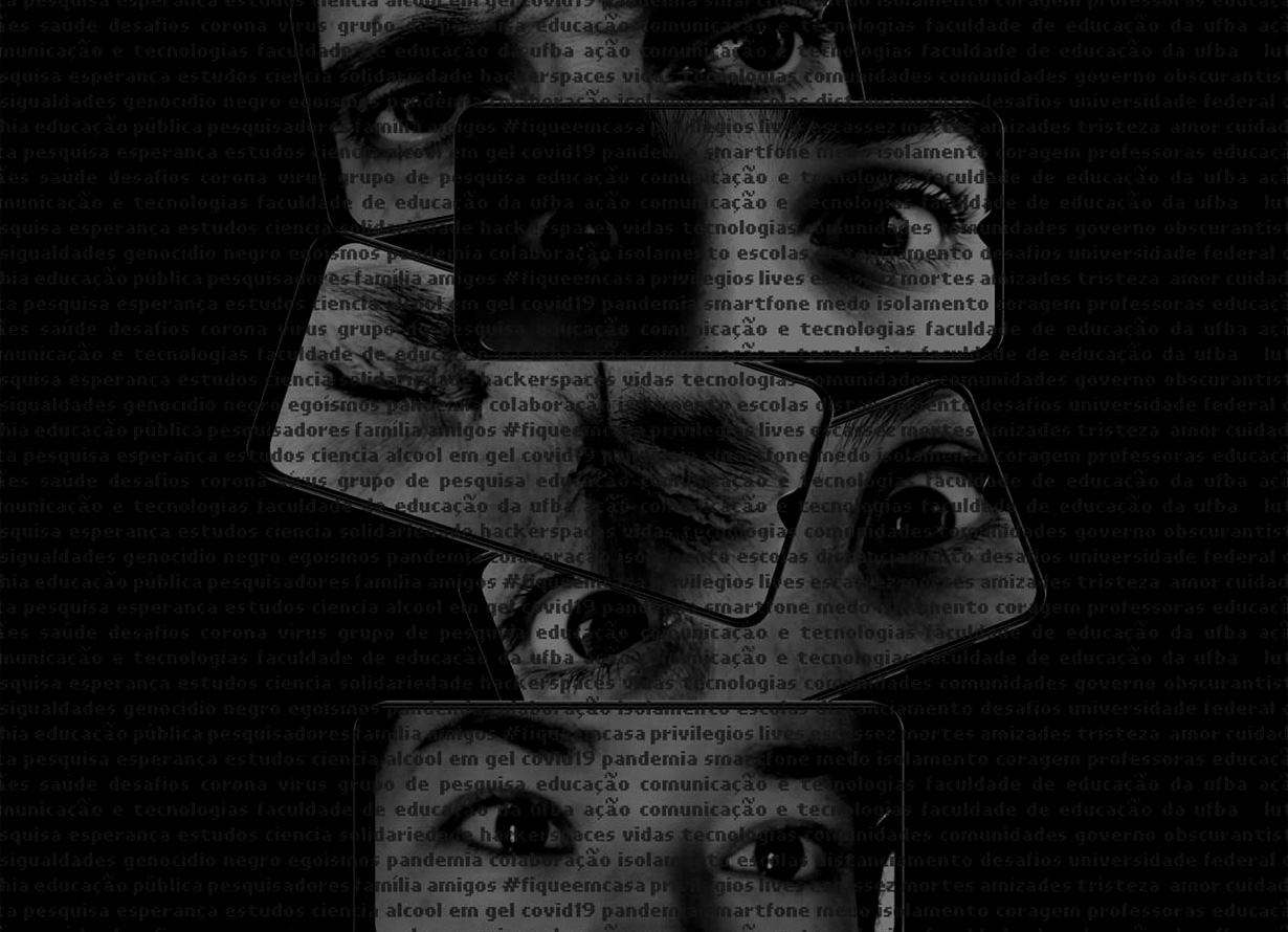 Montagem, em fundo preto, com a aplicação de várias palavras, como marca d'água, por todo o espaço. Ao centro, há a representação de quatro smartphones que em suas telas apresentam recortes dos olhos de pessoas diferentes.