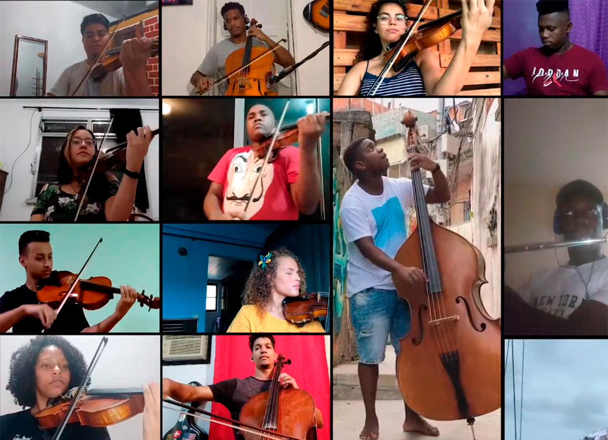 Montagem com a imagem de diversos jovens tocando instrumentos de corda.