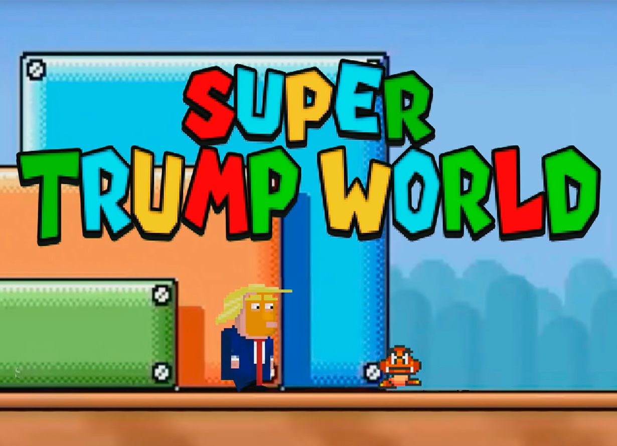 Arte em formato pixelado, como se estivesse em 8 bits, com um homem loiro e um monstrinho e os dizeres "Super Trump World"