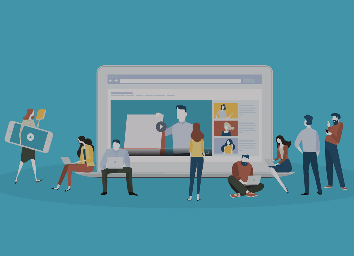 Ilustração lúdica com um notebook gigante aberto e pessoas ao redor dele, algumas sentadas em seu teclado. Elas seguram notebooks e celulares