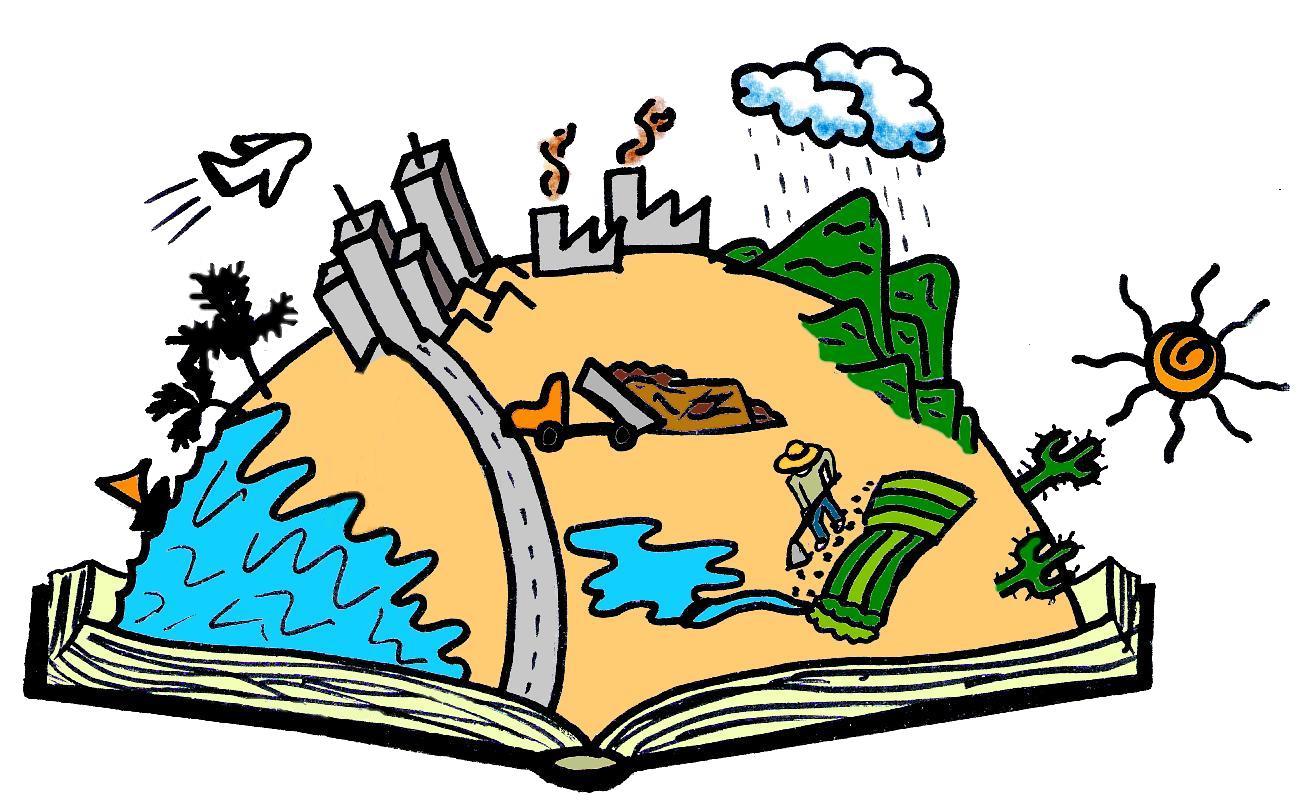 Ilustração de um livro aberto, de dentro dele sai metade de um globo terrestre, contendo em sua superfície representações de vida.