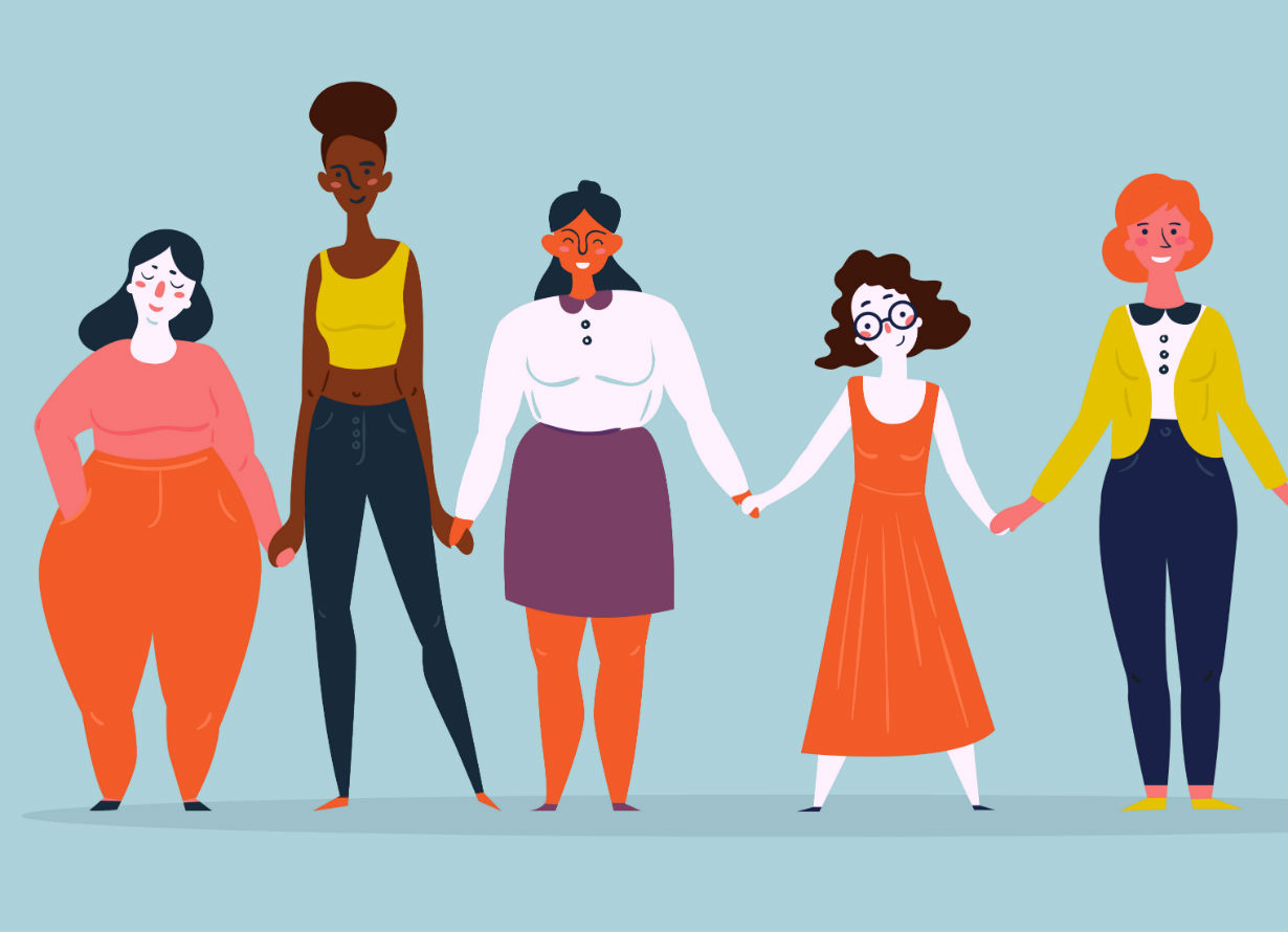 Ilustração com seis mulheres de mãos dadas, de diversas etnias e tipos físicos: com gordas, magras, baixas, negras e brancas